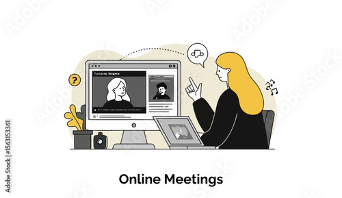 Young woman in business attire participates in an online meeting at her home office. She is seated, listening intently, with multiple video feeds on the monitor and a laptop visible.