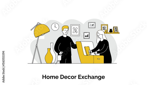 A happy young adult couple is swapping home decor items, with one handing a potted plant to the other in their stylish, modern living room as they redecorate together.