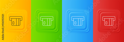 White Credit card inserted in card reader icon isolated on colorful background. ATM cash machine. Set icons in square buttons. Vector