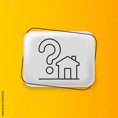 Black House with question mark icon isolated on yellow background. Housing problems, questions. Silver rectangle button. Vector