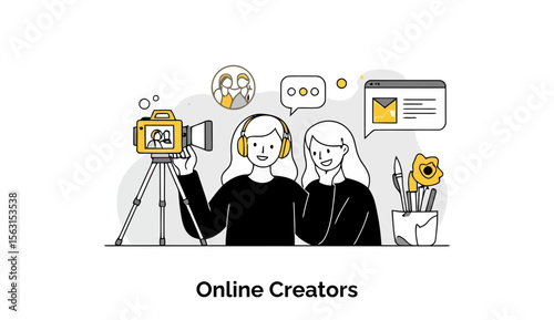 Female online creators operating a video camera in a home studio setting. Two young women collaborating on a video project, posing confidently in a modern workspace.