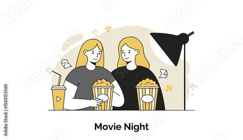 Young female friends enjoying movie night with popcorn and drinks in a casual setting. Relaxed pose, holding popcorn buckets and drinks, with a backdrop that suggests a movie theater.
