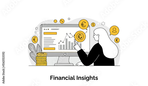 Female financial analyst reviewing financial data on a computer screen in a modern office setting. Analyzing euro-based investment graphs with coins and icons as secondary elements.