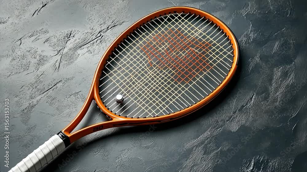 Orange tennis racket on dark textured surface