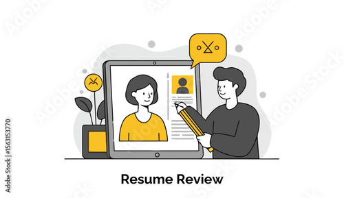 A young woman's resume being reviewed by a professional career consultant on a digital tablet in a modern office setting.
