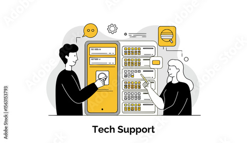 Two young adults in casual black clothing, collaborating on a technical support task in a server room. They are interacting with a large data center/server rack in a modern, minimalist office setting.