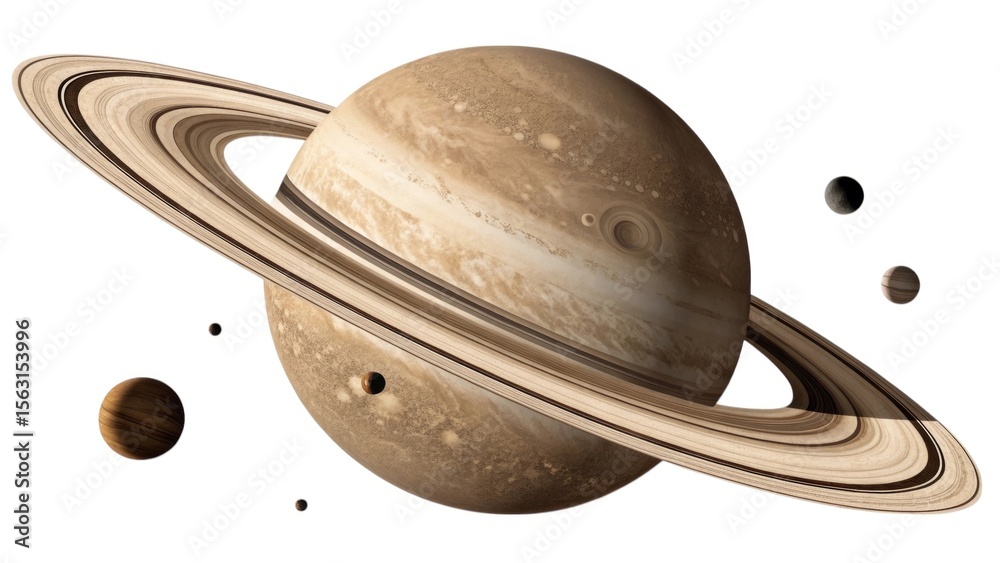 Fototapeta premium Saturn, a ringed planet, orbits in deep space alongside its moons, presented on a white background for space exploration.