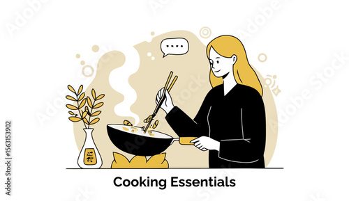 A female with blonde hair, dressed in a black top, is stirring food in a wok over a burner, demonstrating cooking essentials. A simple, stylized illustration in a light-colored setting.