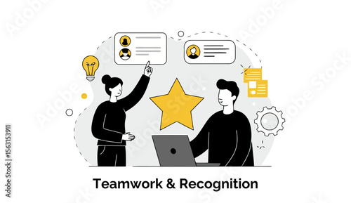 Teamwork and recognition illustration of colleagues in casual attire. Two colleagues celebrate achievements with a star-shaped award and digital recognition in a modern, professional setting.