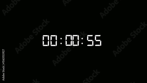 One minute countdown animation from 60 seconds to 0 second with alpha channel, 1 minute timer on stopwatch countdown animation on black background.
