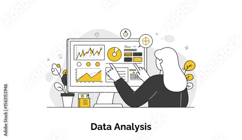 Female data analyst in business attire examining a computer screen displaying multiple charts and graphs. Analyzing data at her workstation in a modern office setting.