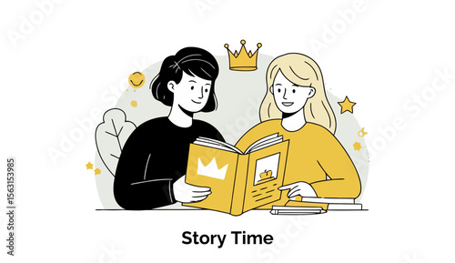 Two female students in black and yellow clothing share a book during story time in a casual classroom setting. Friendly female educators engaging in story time at a school.