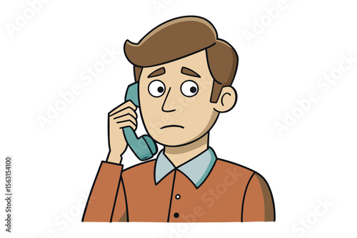 Cartoon man with worried expression holding a vintage telephone receiver to his ear on a white background