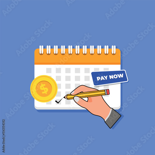 Payment dates in a hand-marked calendar. Subscription payments. Monthly payment dates. Flat calendar with payment buttons. Scheduled tax payments on a calendar.