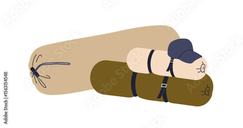 Sleeping bag, mat, tent, adventure accessories, gears rolled up in packages. Camping and hiking supplies, touristic essentials for travel. Flat vector illustration isolated on white background