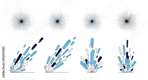 Abstract digital art burst effects featuring geometric patterns and dynamic splashes of blue and dark hues capturing a sense of energy and movement