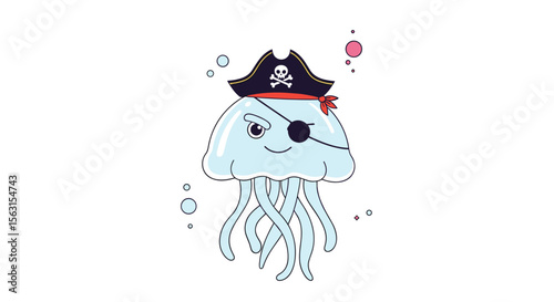 A charming pixelated jellyfish dressed as a pirate with an eyepatch and a jolly roger hat navigating the ocean