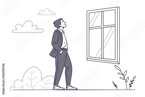A man in a suit stands with his hands in his pockets looking up towards a window with clouds and plants in the background