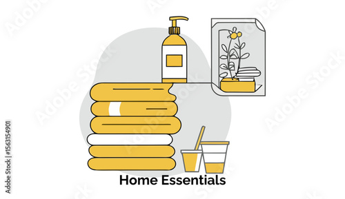 A stylish, minimalist illustration showcases a curated collection of modern home essentials, including a sleek lamp, a potted plant, and a stack of books on a simple shelf.