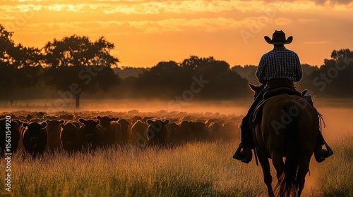 Cowboy on horse herding cows at sunrise a rural farm. riding during