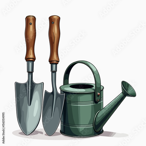 A charming cartoon illustration of a garden tool set, including two sturdy hand trowels with wood handles and a classic green metal watering can for hobbyists.
