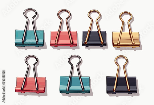 A colorful set of six illustrated binder clips with metallic handles, neatly arranged in two rows for fun school supply or office organization graphics.
