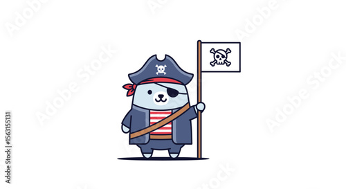 Adorable cartoon bear dressed as a pirate holding a jolly roger flag with an eye patch and a pirate hat