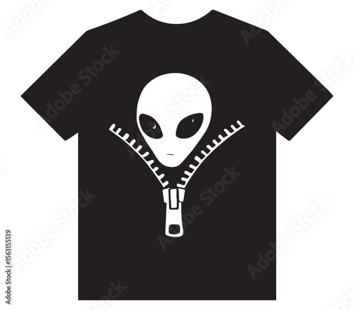 "White Alien Head with Unzipping Effect on a Black T-Shirt"
