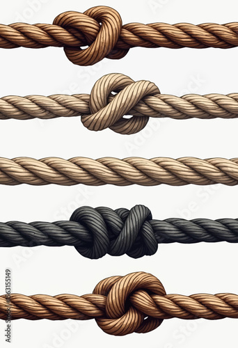 A realistic, detailed illustration set of five different ropes with strong, intricate knots, showcasing textures for nautical, rustic, or survival themes.
