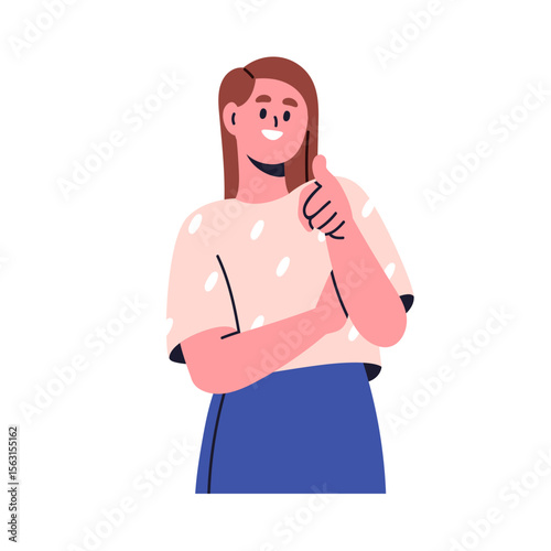 Smiling woman pointing at you with finger, hand gesture, choosing sign. Happy female showing, inviting and selecting. Friendly girl hiring. Flat vector illustration isolated on white background