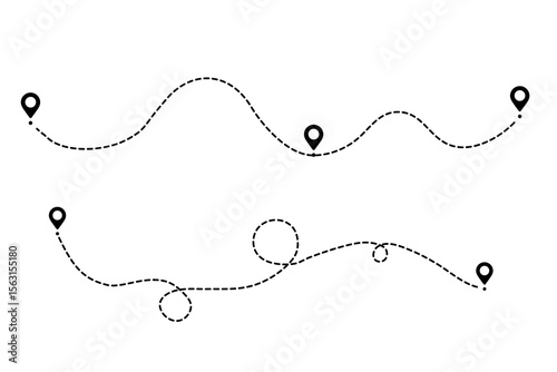 Vector icon of line path for a travel journey or trip by gps, showing location and distance in a destination point background.