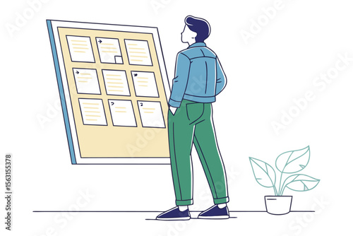 Man in blue jacket and green pants observing a grid of papers with text and symbols on a bulletin board