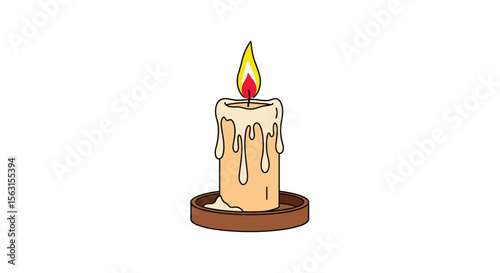 Illuminating wax cylinder with a fiery wick atop a round holder casting gentle light