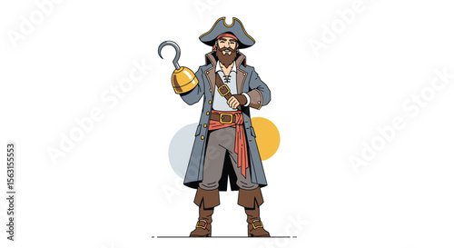 A bearded pirate with a hook for a hand and a sword at his side stands ready for adventure on the high seas