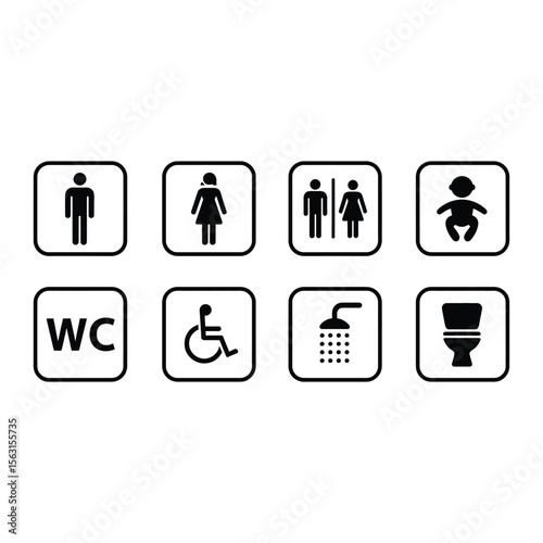 Set of modern black and white universal public restroom and facility signage