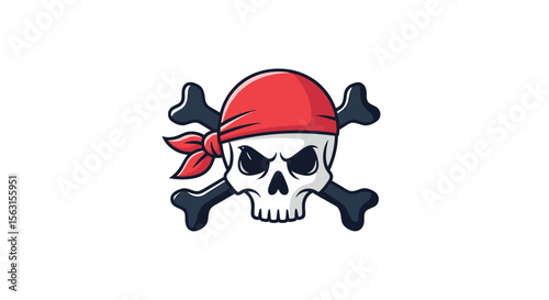 A scary skull with red bandana and crossed bones illustration for a pirate theme or halloween