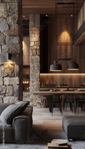 A mock-up about for interior design, large cozy room, Stone and wood style, dim light, vary warm atmosphere, beautiful and modern house, some details