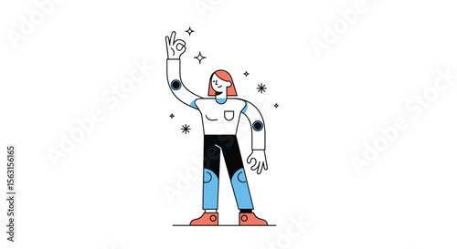 A cheerful person with prosthetic arms gesturing with their right hand and sparkles around them
