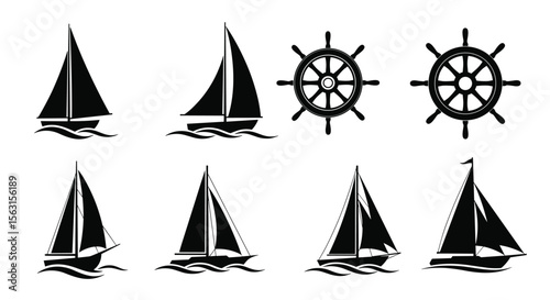Collection of nautical symbols featuring sailboats and ship wheels representing maritime adventure and seafaring