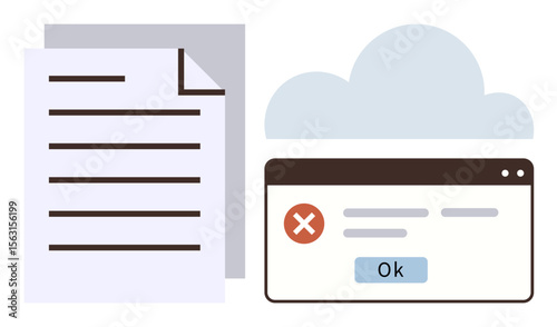 Document alongside error message in browser window under light cloud. Ideal for technology, data processing, file management, error handling, cloud storage, productivity, workflow simple flat