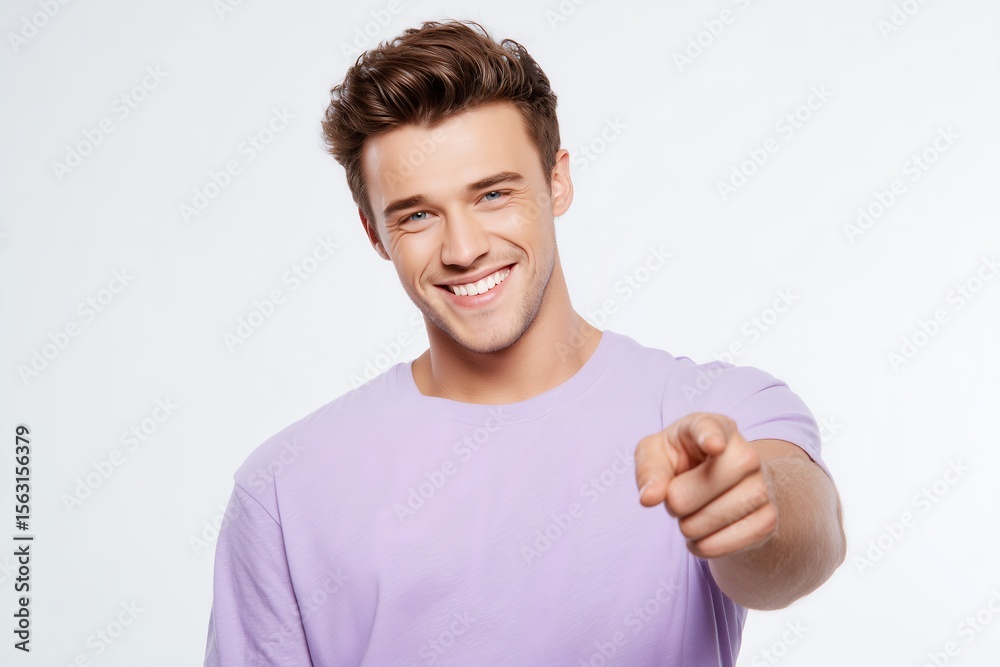 Expressive Portrait of a Young Man Smiling and Pointing Forward, Isolated on a Bright White Background, Conveying Confidence and Engagement for Lifestyle and Business Concepts (Close Up) Expressive Portrait of a Young Man Smiling and Pointing Forward, Isolated on a Bright White Background, Conveying Confidence and Engagement for Lifestyle and Business Concepts (Close Up)