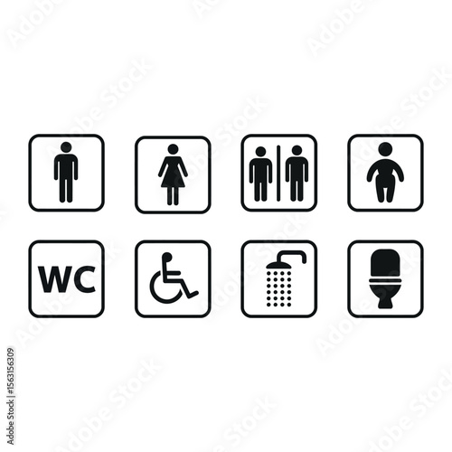 Set of unisex public restroom shower and accessibility icons in modern flat design