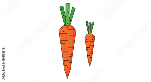 Two vibrant orange carrots with green tops displayed against a white background healthy root vegetables
