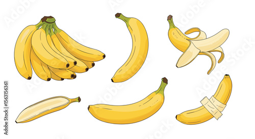 Collection of six fresh yellow bananas in various states of peel and presentation on a white background