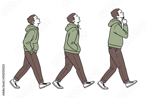 Three sequential illustrations of a young man walking and looking upwards with a contemplative expression on his face