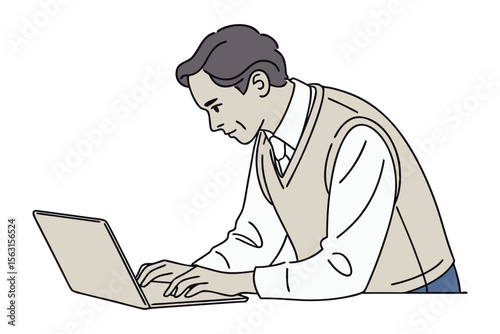 Focused businessman working diligently on his laptop computer wearing a vest over a collared shirt