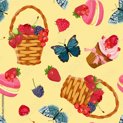 Seamless vector illustration with basket berries, cake and butterflies on a beige background. For decorating textiles, packaging