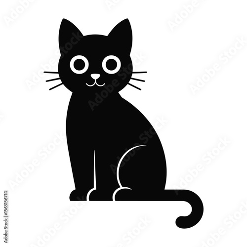 Simple and cute black cat silhouette sitting facing forward on a white background