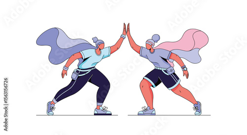 Two superheroes with flowing capes giving each other a triumphant high five celebrating mutual success and achievement
