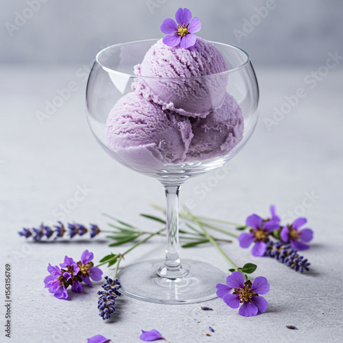 Luxurious lavender-infused ice cream displayed in a stemmed glass with an artistic arrangement of vibrant purple flowers and lavender sprigs